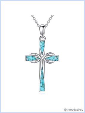 925 Sterling Silver Turquoise Cross Infinity Pendant Necklace 18+2 Inch